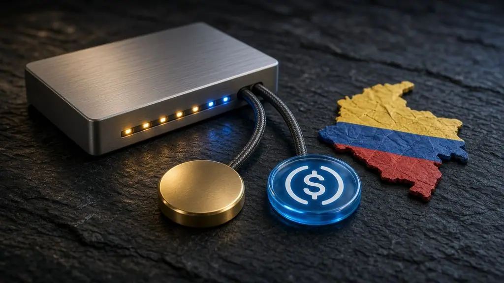 AI-generated image: Payment router box with cables to a plain brass disc and a blue USDC glass coin beside a Colombia-shaped map in flag colours
