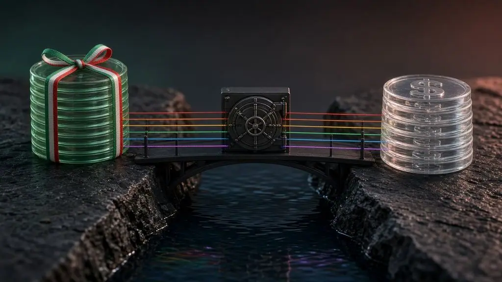AI-generated image: Miniature bridge with a steel vault door joining a ribboned stack of green glass coins to a stack of dollar glass coins
