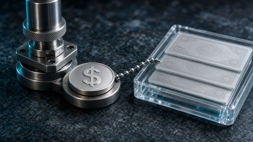 AI-generated image: Miniature steel minting press striking a silver dollar coin chained to a tray of glass securities certificates