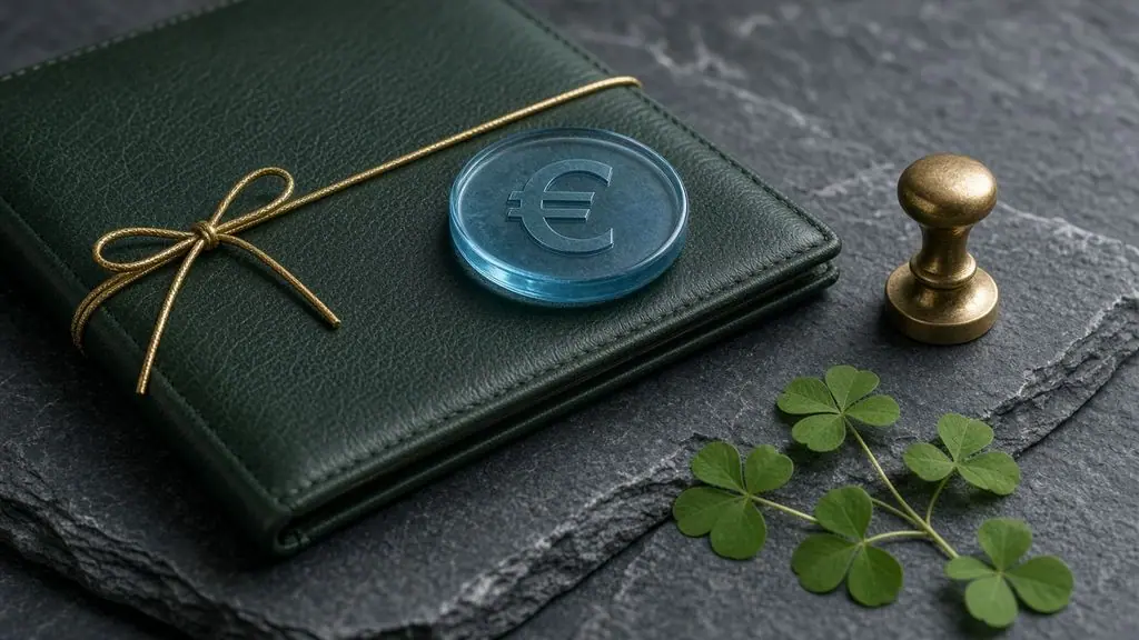 AI-generated image: Green leather application folder tied with gold cord, a blue euro glass coin, a brass seal stamp and shamrock leaves