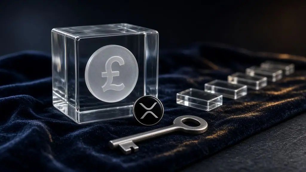 AI-generated image: Glass certificate cube holding a sterling coin beside stepped glass ledger tiles and an XRP Ledger badge