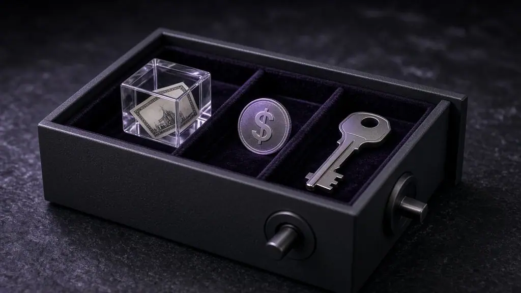 AI-generated image: Open safe-deposit drawer holding a glass fund cube, a silver dollar coin and a titanium key in velvet compartments