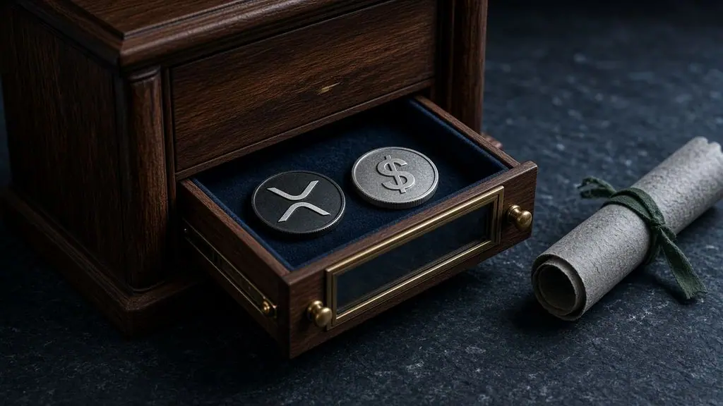 AI-generated image: Walnut custody cabinet with an open glass drawer holding an XRP coin and a silver dollar coin beside a ribboned trade invoice