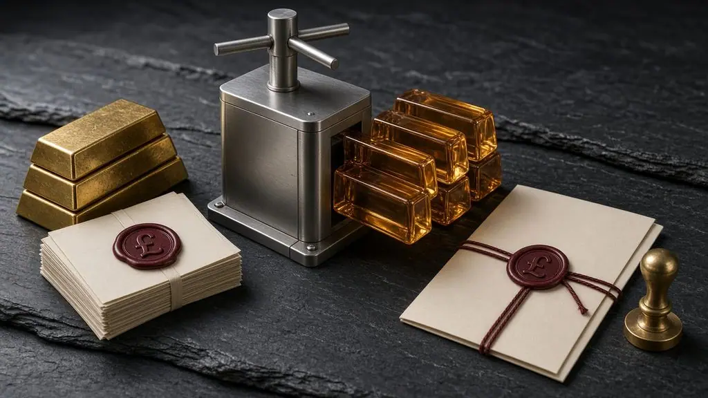 AI-generated image: Gold bars and bond certificates passing through a steel clearing gate as amber glass tokens, beside a consultation folder with a pound-sign wax seal