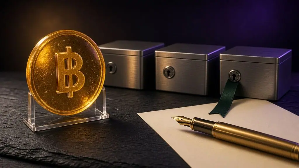 AI-generated image: Amber glass coin with a baht sign in front of three small steel safe-deposit boxes, with a blank consultation paper and fountain pen