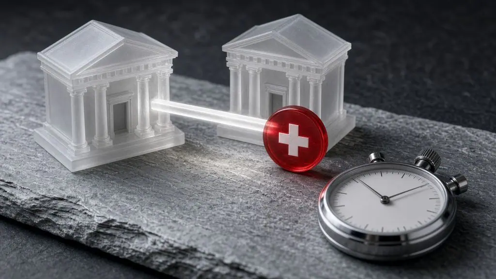 AI-generated image: Two frosted-glass bank models joined by a light bridge with a red Swiss-cross coin and a stopwatch
