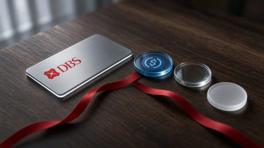 AI-generated image: Brushed-steel token terminal with the DBS mark beside three fanned glass discs, one with the USDC logo, joined by a red silk ribbon on a walnut desk