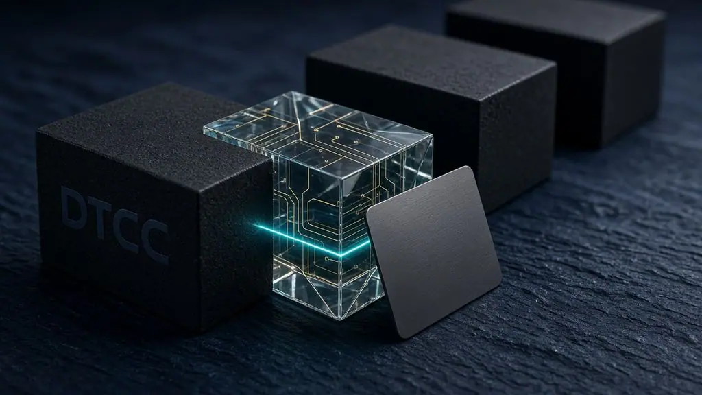 AI-generated image: Matte-black certificate blocks with the DTCC mark, the nearest turning into a glass digital twin beside a titanium wallet card