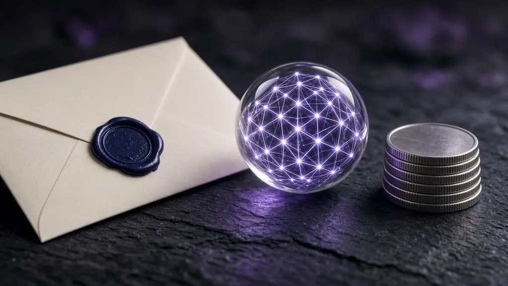 AI-generated image: Sealed letter beside a glowing glass network sphere and a stack of coins