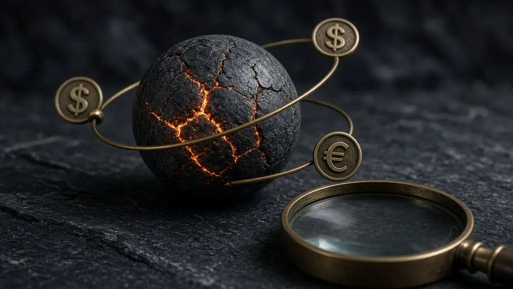 AI-generated image: Cracked globe glowing from within, orbited by dollar and euro coins, with a magnifying glass