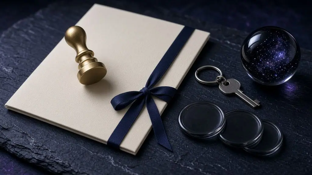 AI-generated image: Unpressed brass embosser on a charter application folder beside a custody key and an obsidian glass sphere holding a tiny starfield