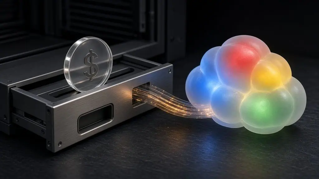 AI-generated image: Server drawer holding a glass dollar token, linked by glowing fibre strands to a four-colour glass cloud