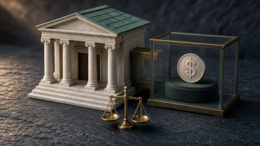 AI-generated image: Model community bank with a glass annex holding a silver dollar coin, joined by a brass walkway, beside a balanced brass scale