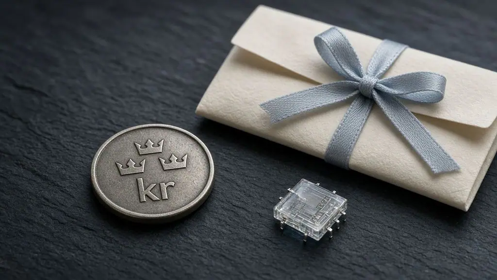 AI-generated image: Silver krona coin with three crowns beside a ribboned letter and a glass microchip