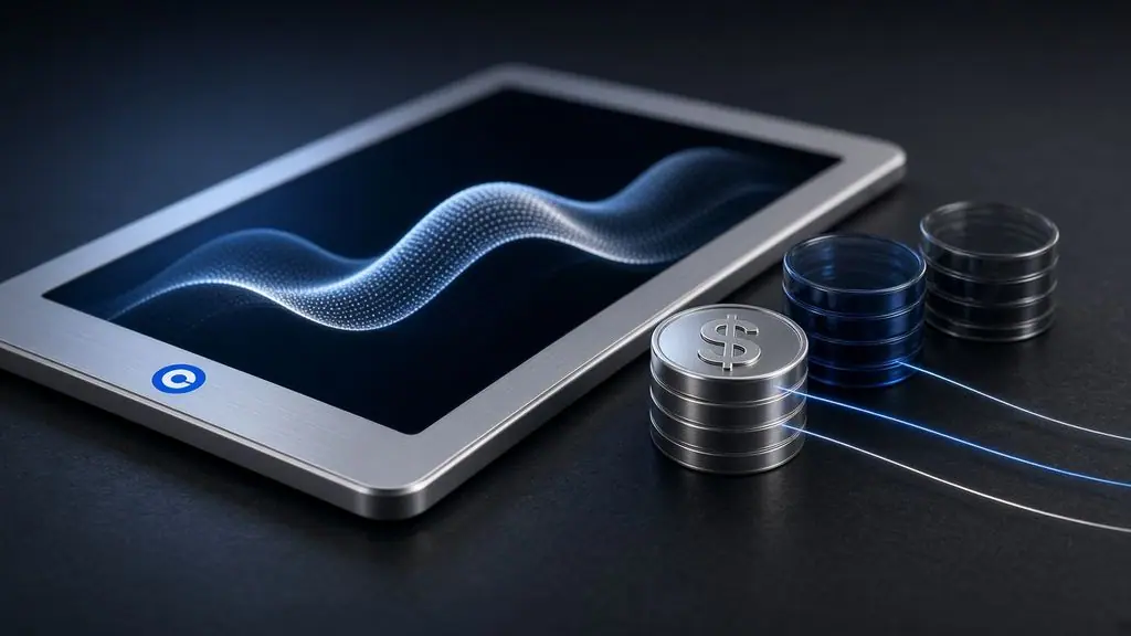 AI-generated image: Aluminium tablet with a Coinbase mark beside three linked glass coin stacks fronted by a silver dollar coin, lit in cobalt