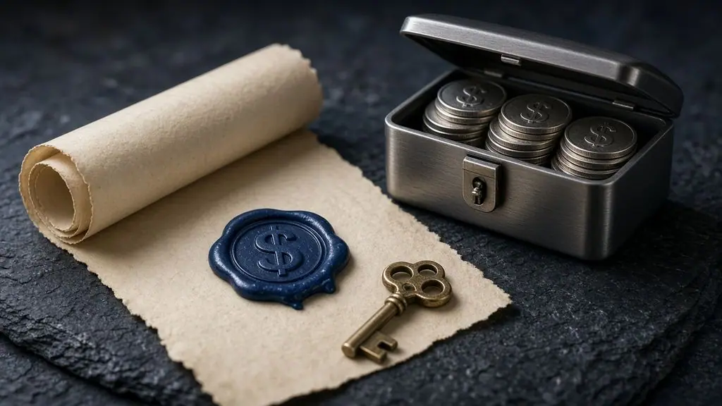 AI-generated image: Unrolled charter scroll with a blue dollar-sign wax seal next to an open steel lockbox of silver coins and a brass key