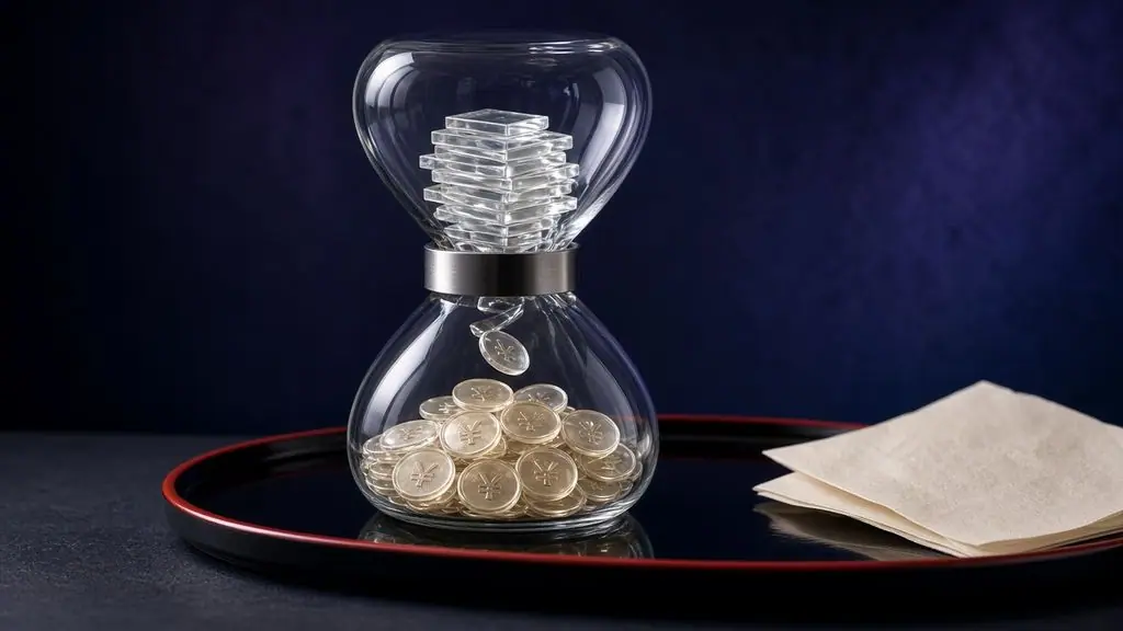 AI-generated image: Crystal hourglass turning stacked glass fund-share tiles into translucent yen coins on a black lacquer tray
