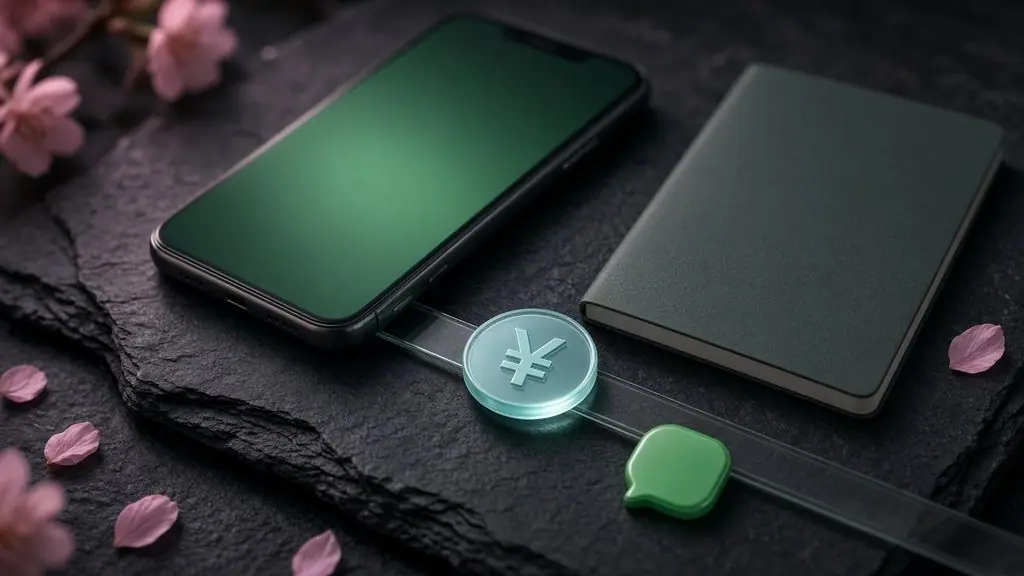 AI-generated image: Bank passbook sending a translucent yen coin along a glass rail into a smartphone with a green screen