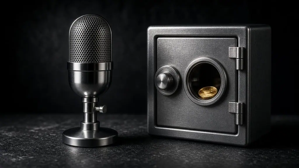 AI-generated image: Microphone in front of a small steel vault with a coin inside