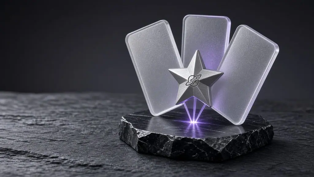 AI-generated image: Frosted-glass fund tablets fanned around a silver star connector on an obsidian plinth, lit in violet