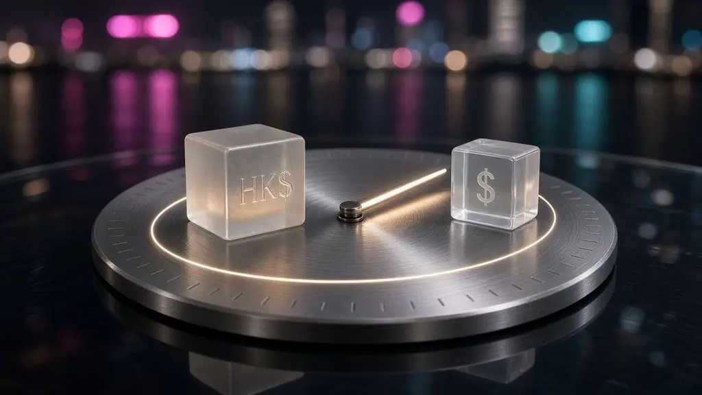 AI-generated image: Two frosted glass fund cubes marked HK$ and $ standing on a glowing 24-hour clock dial with harbour-night bokeh