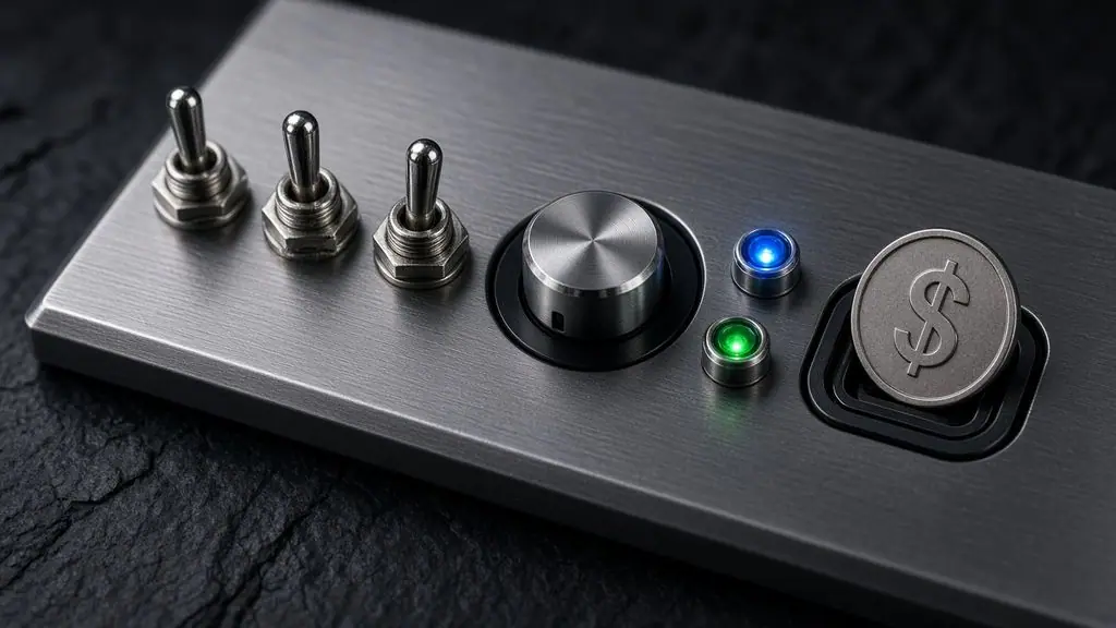 AI-generated image: Steel control panel with toggle switches and a dollar stablecoin slotted in