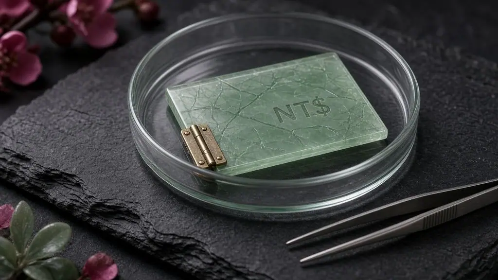 AI-generated image: Jade-green glass deposit tile with an NT$ symbol in a glass petri dish beside steel tweezers, suggesting a regulated pilot