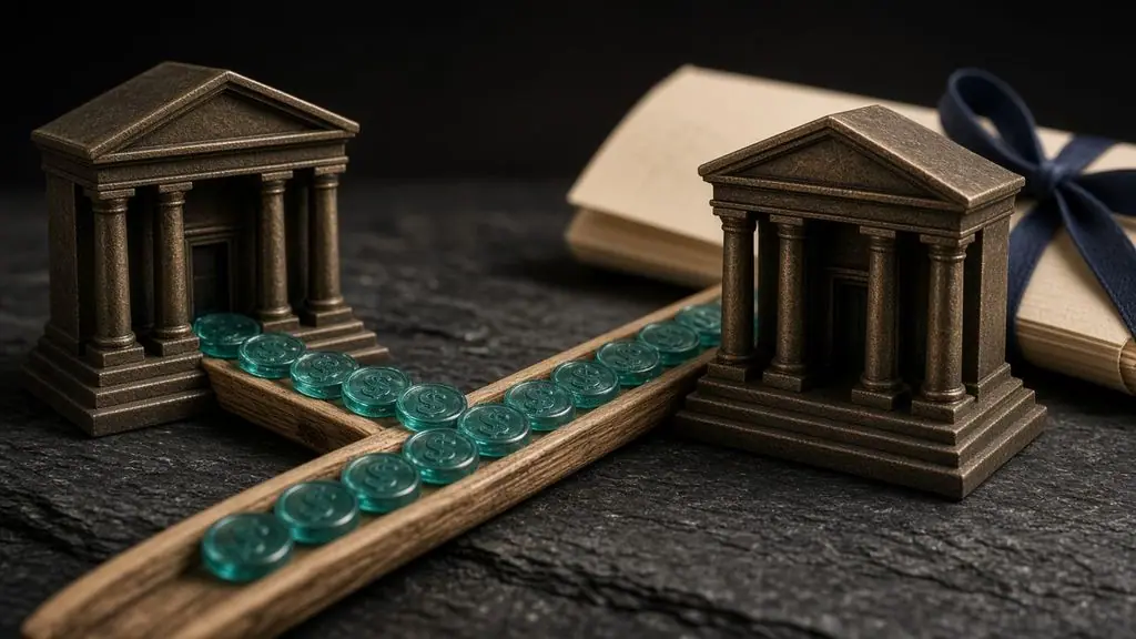 AI-generated image: Two miniature bank buildings linked by a stream of glowing dollar tokens on a wooden track beside a blank loan document