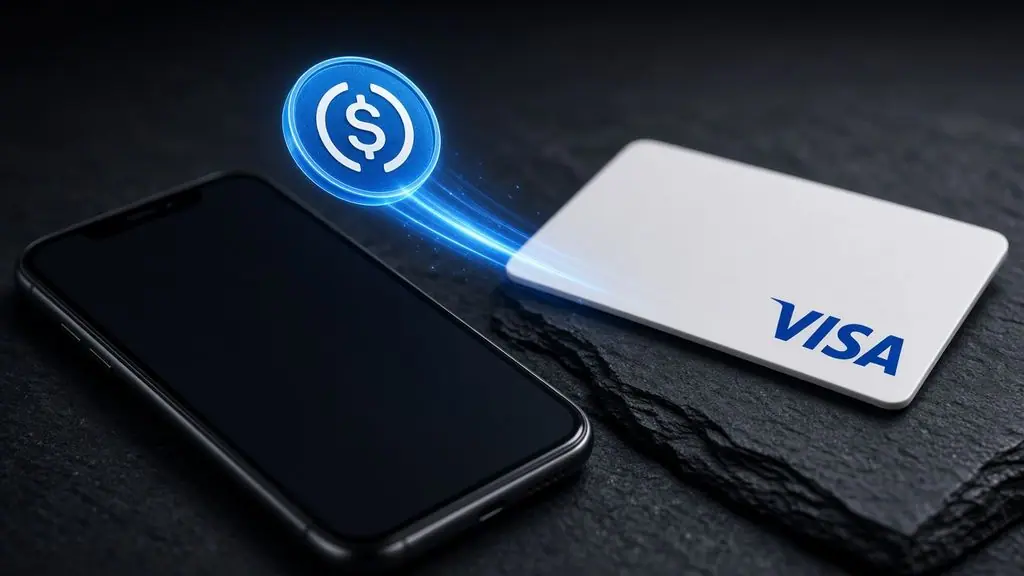 AI-generated image: Glowing USDC coin streaking from a phone toward a Visa card